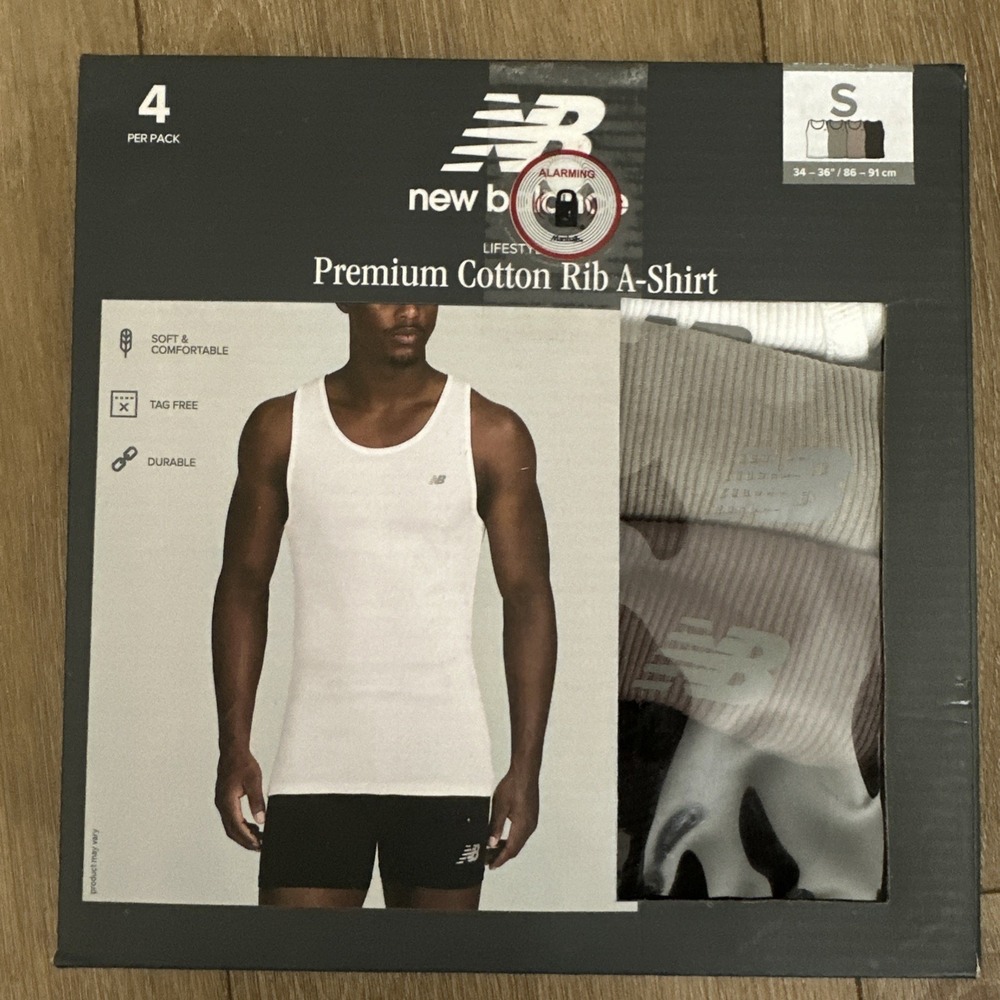 NEW BALANCE Men's Cotton Rib A Shirt Tank Top Size S 4 Pack White Black Gray Tan